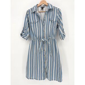 Millenium Blue White Stripe Button Front Shirt Dress‎ Tie Waist Size S Womens